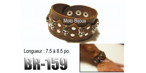 Br-159, Bracelet cuir brun, Multi-Têtes de mort